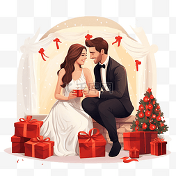 接吻的情侣图片_可爱的夫妻坐在家里的圣诞树和壁