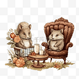 茶图片_插图：一只兔子和一只刺猬在老式