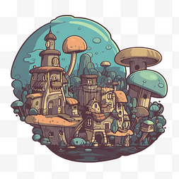 蘑菇居住的童话村庄的卡通风格插