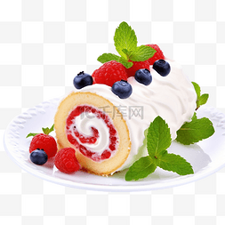 蛋糕盘子图片_卷蛋糕草莓奶油配盘子和蓝莓