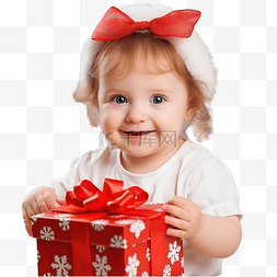 带着礼品盒的小女孩在装饰圣诞树