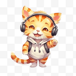 多元图片_可爱的老虎条纹猫听音乐和跳舞水