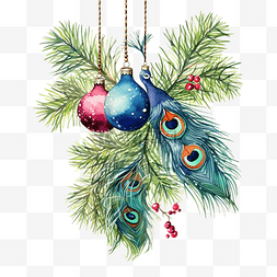 手绘圣诞树枝图片_水彩圣诞树枝与圣诞饰品