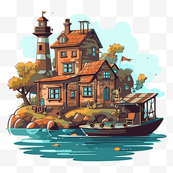 海湾剪贴画灯塔岛钓鱼和船屋插图