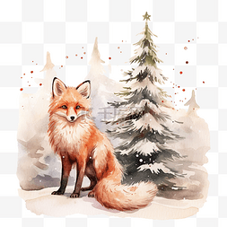 圣诞树附近一只红狐狡猾的狐狸的