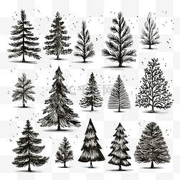 手绘圣诞树插图集黑色墨水和画笔