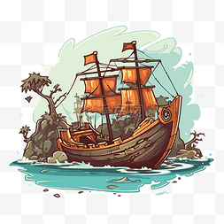 热带岛屿上的一艘旧海盗船 向量