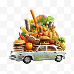 车里的食物 3d 渲染