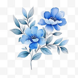 蓝花枝叶水彩风格装饰元素