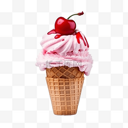 冰淇淋球手绘图片_上面有樱桃的冰淇淋甜筒