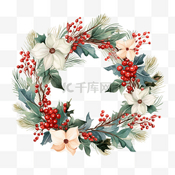 冬天的浆果图片_圣诞快乐贺卡花环与冬天的花朵树