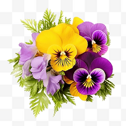黄色的花朵装饰图片_白色背景花束中提琴黄色和紫色花