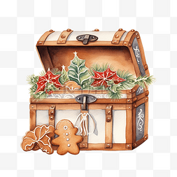 带有姜饼的木盒的水彩圣诞节插图