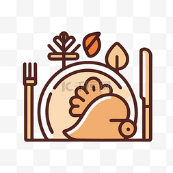 感恩节图标，白盘里有火鸡和叉子