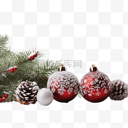 木板桌图片_木板上的圣诞球，上面有云杉树枝