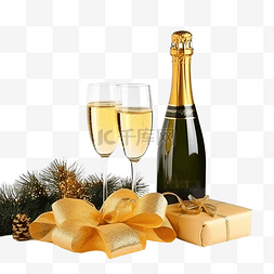 桌上有餐巾和圣诞树的香槟