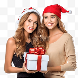 两个漂亮的女孩带着圣诞帽的礼物