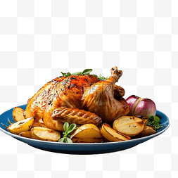熟土豆图片_蓝色木桌上的感恩节晚餐，包括火