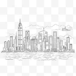 蓝色城市轮廓图片_香港城市景观天际线轮廓涂鸦图