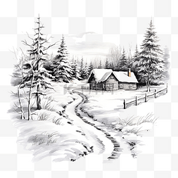 冬季森林素描中的房子