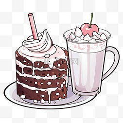 手绘巧克力蛋糕和珍珠奶茶插画