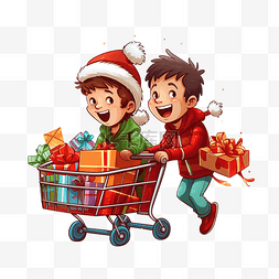 卡通礼品店图片_男孩推着购物车在商店的圣诞促销