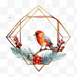 几何形的树图片_金色几何框架与冬季 d cor 和红鸟