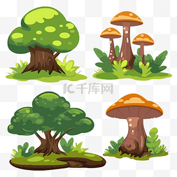 森林剪贴画集卡通树和蘑菇 向量