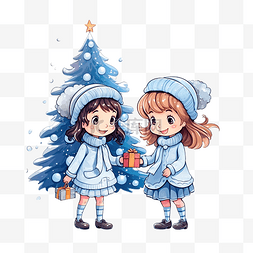 冬季森林里的两个女孩靠近一棵装
