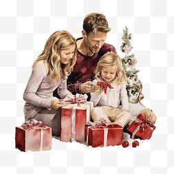 红的的丝带图片_圣诞节那天，一家人在家里看礼物