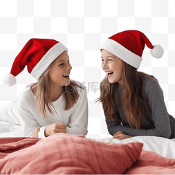 戴着红色圣诞帽的女孩和男孩青少