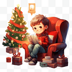 快乐的男孩坐在壁炉旁圣诞树旁舒