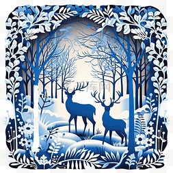 剪纸房屋图片_快乐圣诞贺卡中蓝色森林中的鹿