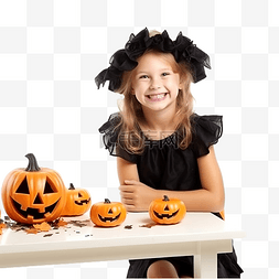小女童图片_快乐的小女孩坐在桌边，带着万圣
