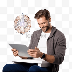 神奇占卜图片_男人在平板电脑上看星座运势