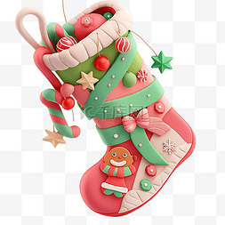 派对袜子图片_3d 插图冬青和糖果圣诞装饰袜子