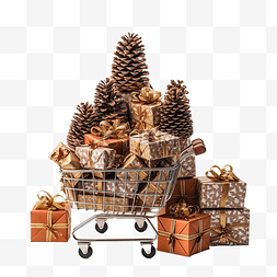 微型推车中的礼品盒和圣诞树上的