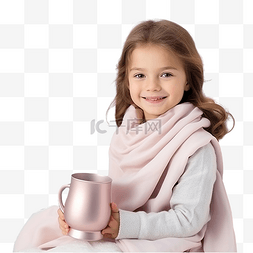 戴着粉色围巾和一杯牛奶的小女孩