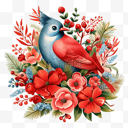 圣诞快乐花束和鸟卡通风格的插图