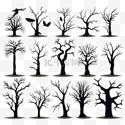 樹平面圖图片_万圣节可怕树木的黑色剪影设置平