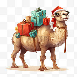 可爱的骆驼在捆绑袋中携带圣诞礼