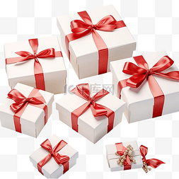 红色的圣诞礼盒图片_用白色牛皮纸和装饰红丝带包裹的
