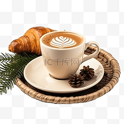 咖啡厅桌图片_一杯咖啡和一个羊角面包作为圣诞
