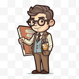 卡通漫画戴眼镜拿着笔记本的男人