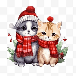 圣诞可爱的狗和猫，戴着围巾和树