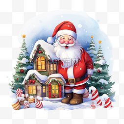 糖果屋插画图片_快乐圣诞贺卡与圣诞老人和糖果屋