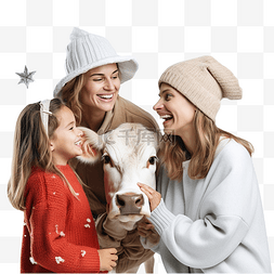 宠物户外玩耍图片_戴牛帽的滑稽女孩和母亲在圣诞牧