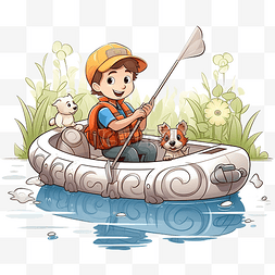 充气船图片_小男孩渔夫拿着钓竿和一只小狗在