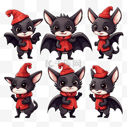 设置可爱的蝙蝠在圣诞服装卡通动
