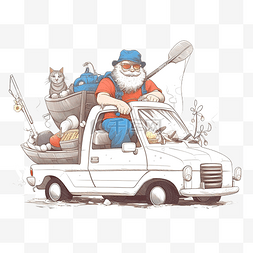 卡通开车的男人图片_经验丰富的渔夫带着他的滑稽猫在